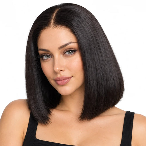 Mavelle natural model wearing 10 Inch Bone Straight Human Hair Bob Wig, 4x4 Lace