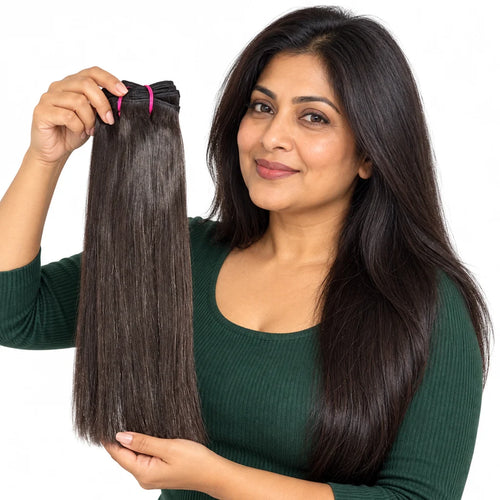 Mavelle natural model wearing 12A Double-Drawn Bone Straight Human Hair Bundles