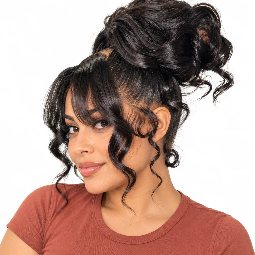 Mavelle natural model wearing Body Wave 360 Lace Wig with Bangs - Remy Human Hair