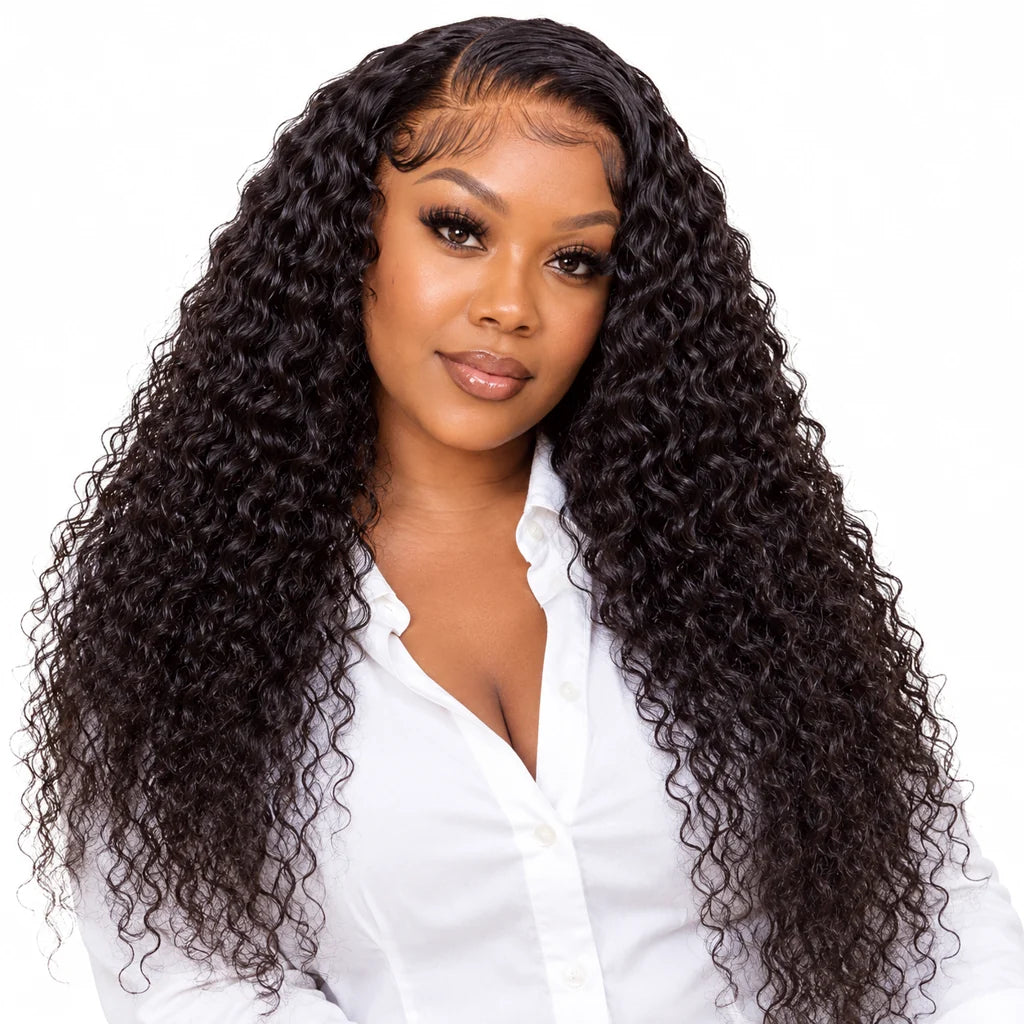 Mavelle natural model wearing Deep Wave Lace Front Wig - 4x0.75 Human Hair