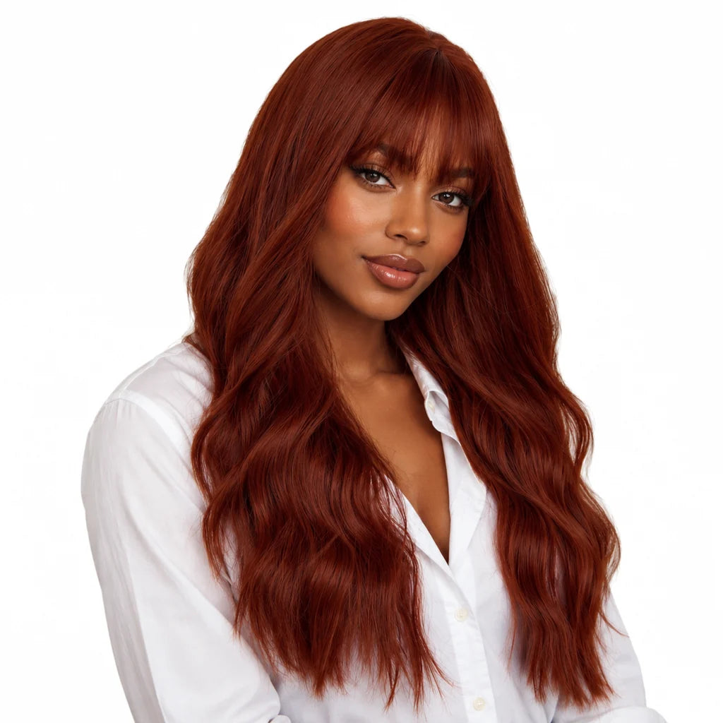 Mavelle natural model wearing Mid-Length Synthetic Wig with Straight Bangs