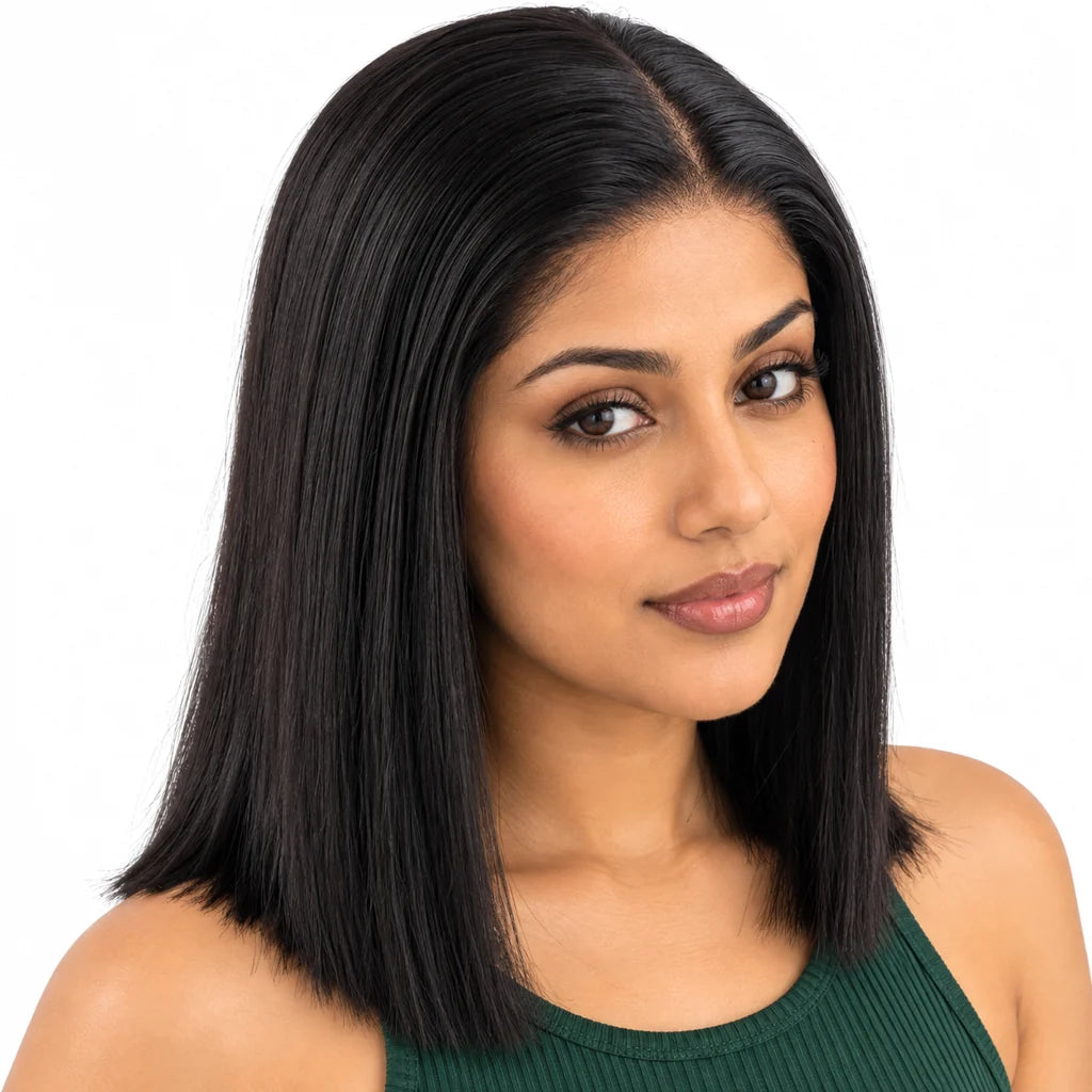 Mavelle natural model wearing Straight Human Hair Bob Wig, 13x4 HD Lace, 8-16 Inch