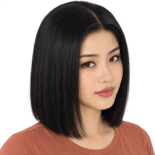 Mavelle natural model wearing 10 Inch Vietnam Straight Human Hair Bob Lace Wig