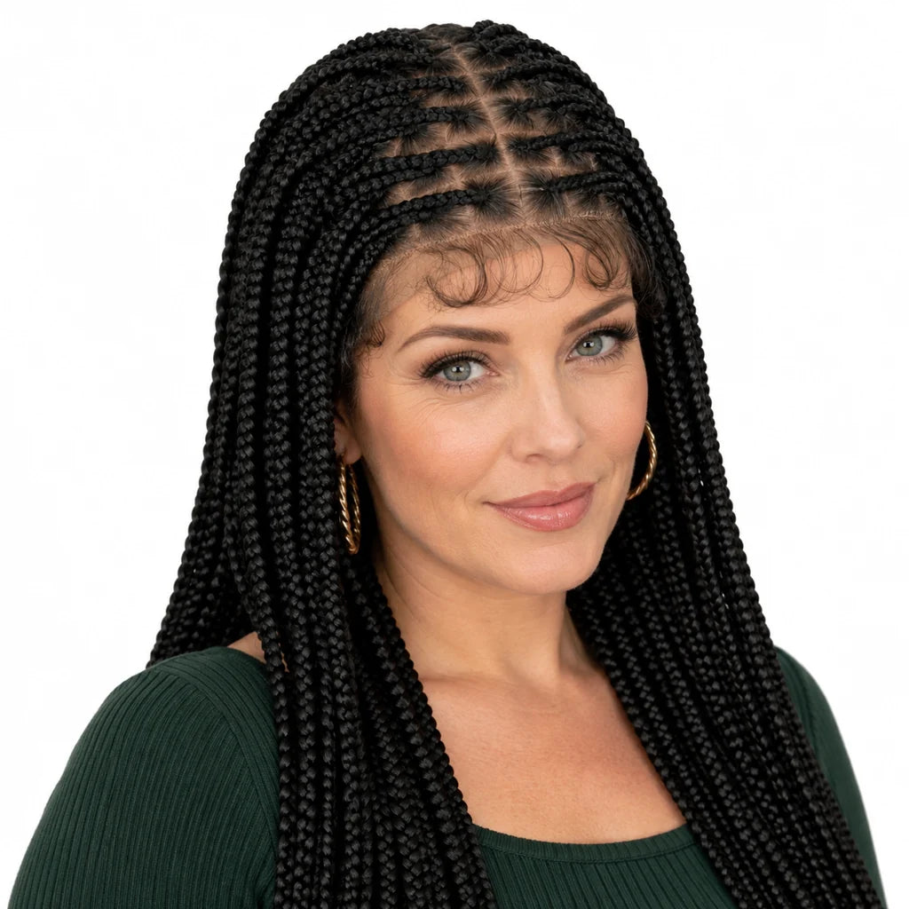 Mavelle natural model wearing Full Lace Hand-Braided Human Hair Box Braids Wig