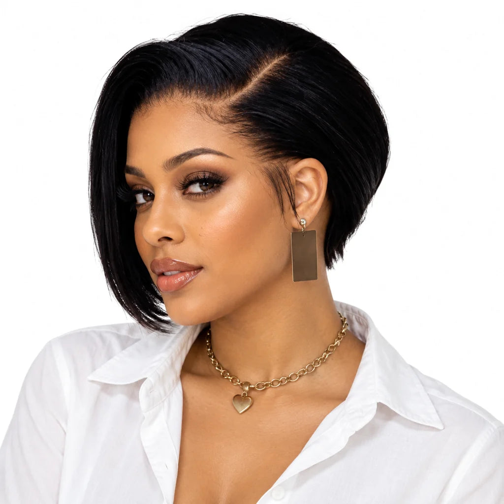 Mavelle natural model wearing High-Density Pixie Cut Lace Front Human Hair Wig
