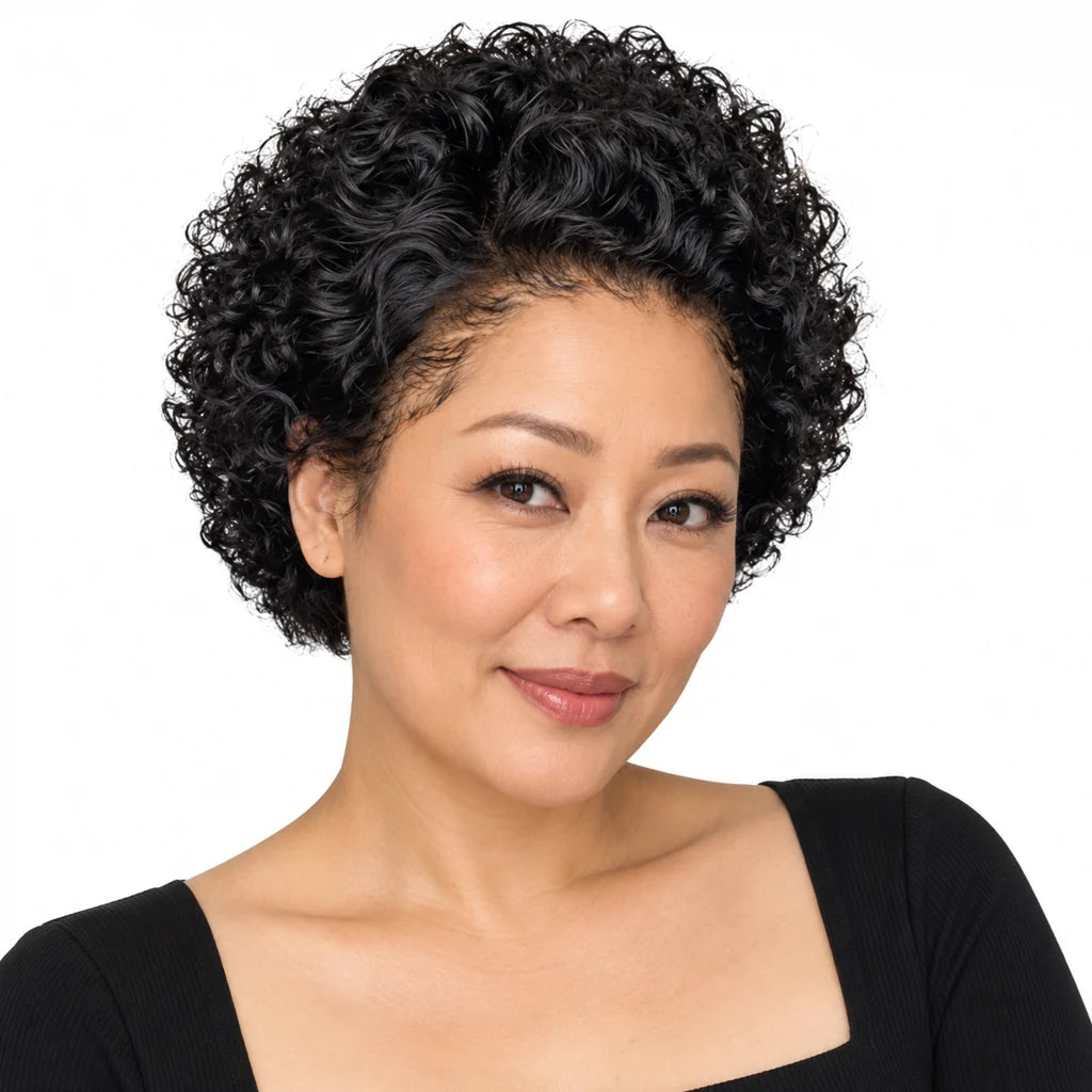 Mavelle natural model wearing Pixie Curly 13x1 Lace Front Human Hair Wig - Short Bouncy Curls