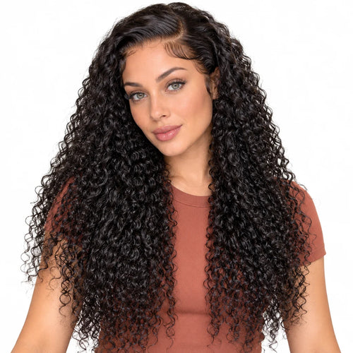 Mavelle natural model wearing 13x4 Kinky Curly Lace Frontal Human Hair Closure Piece