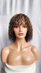 12 Inch Curly Bob Human Hair Wig with Bangs – Black / Light Brown - WigWonders