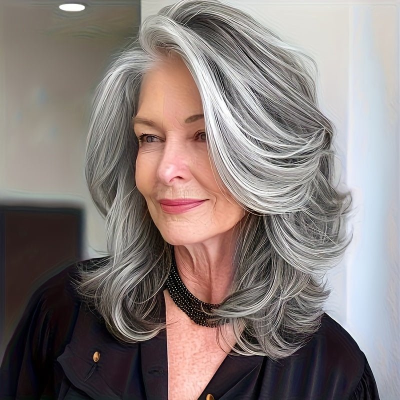 14" Silver Gray Synthetic Wig - Layered Side Part Style - WigWonders