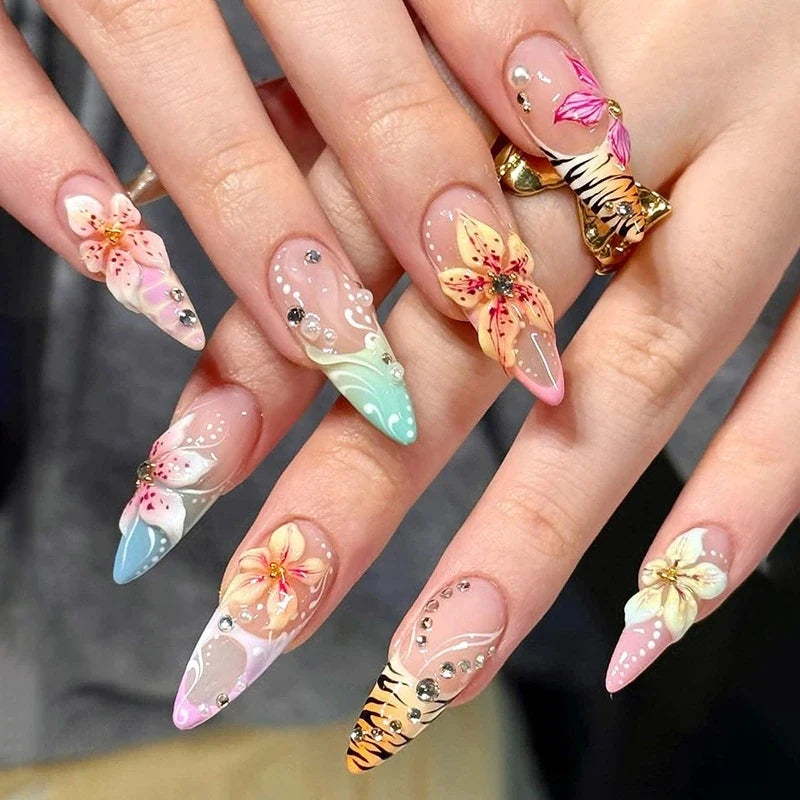 Statement Nail Art Press-On Nails, 40 Designs — Pastel Floral Gold Butterfly