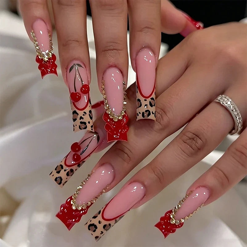 Statement Nail Art Press-On Nails, 40 Designs — Red Bow Leopard French