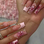 Statement Nail Art Press-On Nails, 40 Designs — Pink Floral Gem Coffin