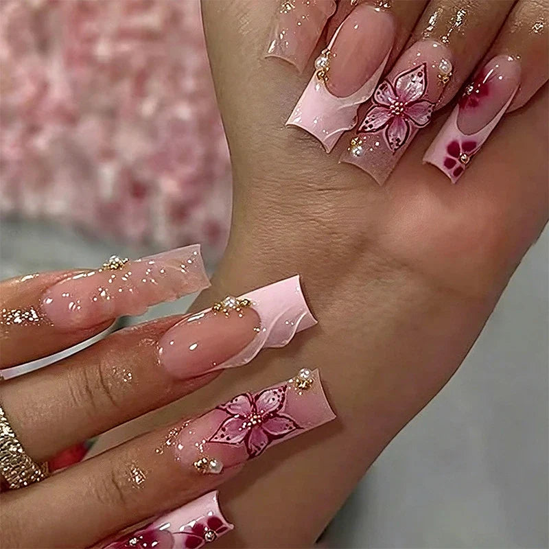 Statement Nail Art Press-On Nails, 40 Designs — Pink Floral Gem Coffin