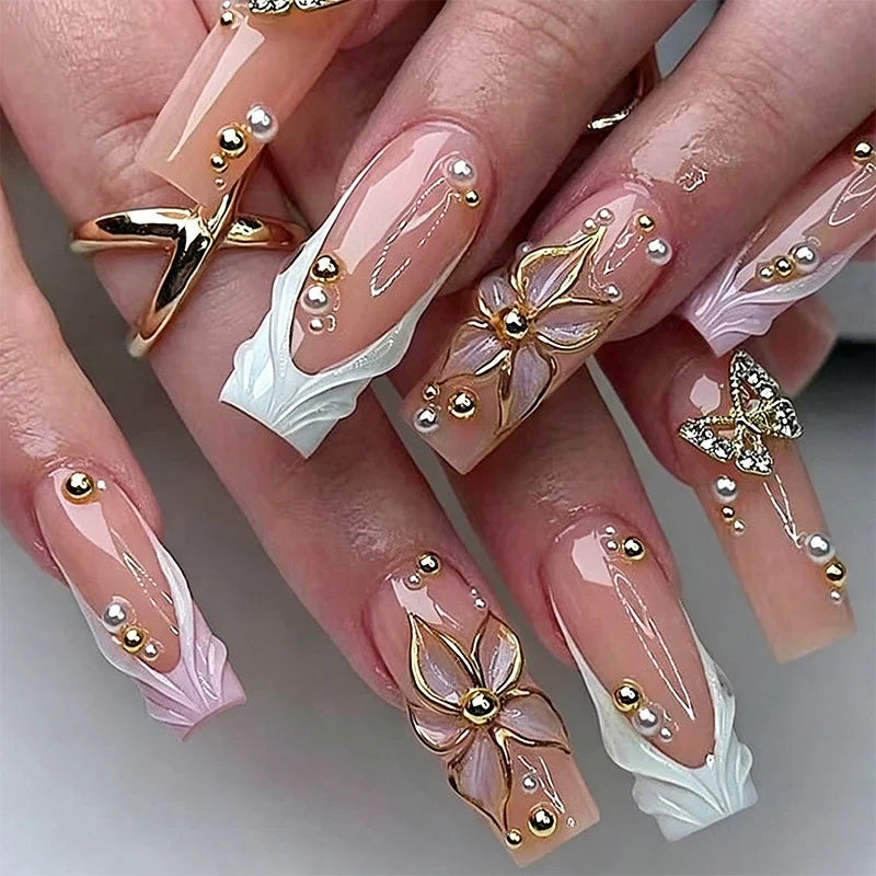 Statement Nail Art Press-On Nails, 40 Designs — Nude Gold Butterfly White French