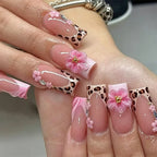 Statement Nail Art Press-On Nails, 40 Designs — Pink Flower Leopard French