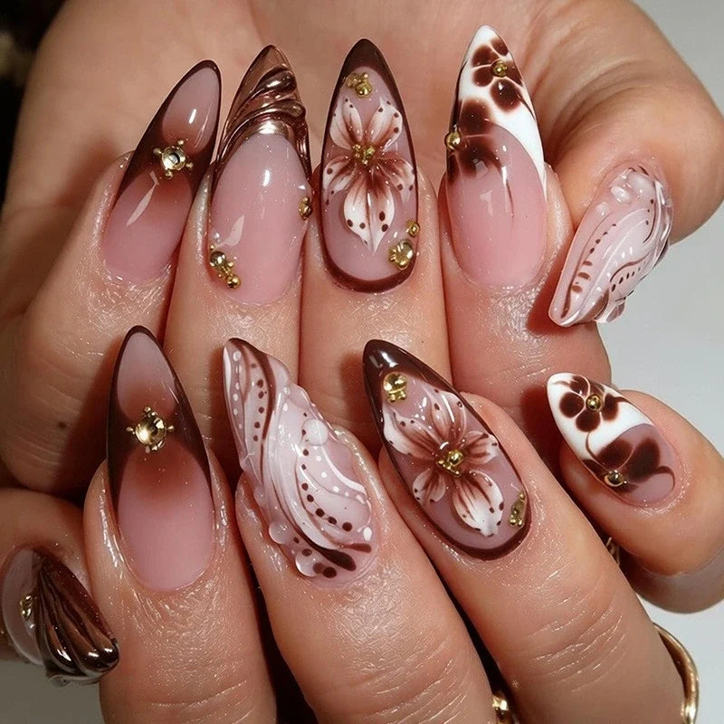 Statement Nail Art Press-On Nails, 40 Designs — Chocolate Floral Swirl