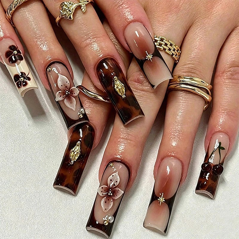 Statement Nail Art Press-On Nails, 40 Designs — Black Tortoiseshell Butterfly Coffin