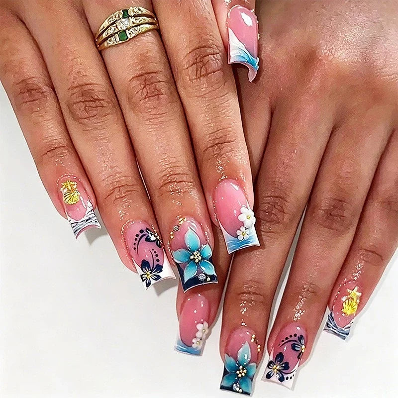 Statement Nail Art Press-On Nails, 40 Designs — Pink Blue Floral French