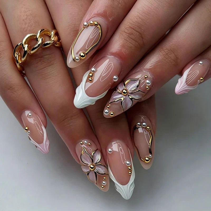 Statement Nail Art Press-On Nails, 40 Designs — White French Gold Butterfly