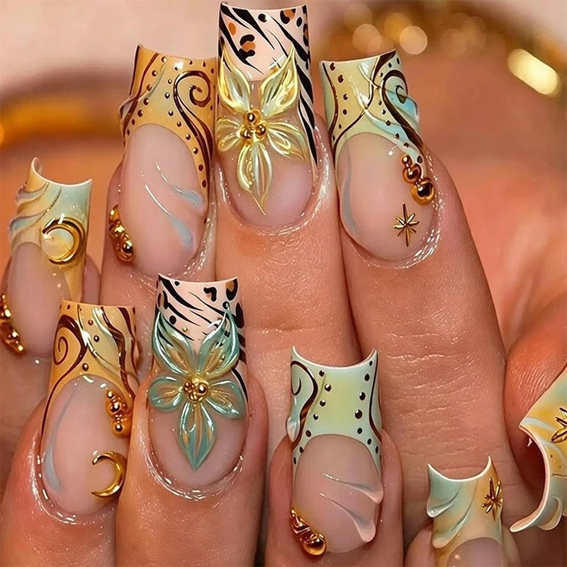 Statement Nail Art Press-On Nails, 40 Designs — Mint Green Gold Butterfly