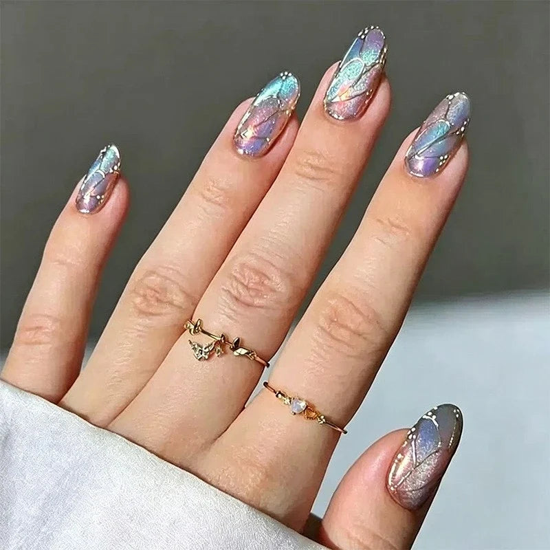 Statement Nail Art Press-On Nails, 40 Designs — Iridescent Aurora Chrome