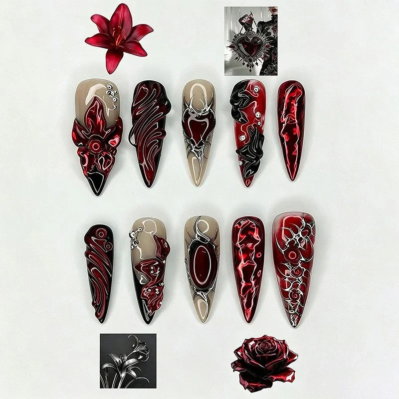 Statement Nail Art Press-On Nails, 40 Designs — Red Black Gothic Rose