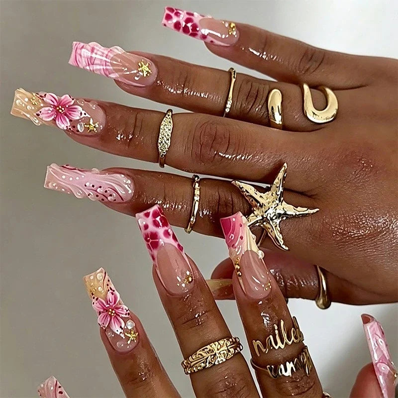 Statement Nail Art Press-On Nails, 40 Designs — Pink Floral Gold Accent Coffin
