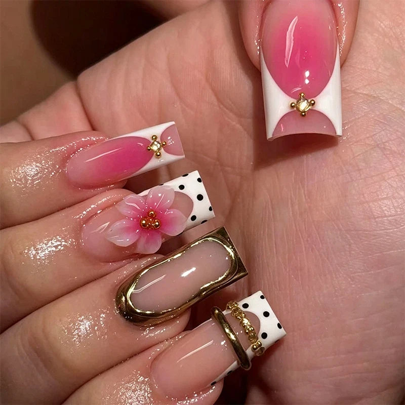 Statement Nail Art Press-On Nails, 40 Designs — Pink Hibiscus Polka Dot French