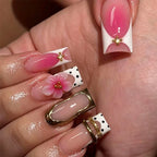 Statement Nail Art Press-On Nails, 40 Designs — Pink Hibiscus Polka Dot French