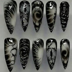Statement Nail Art Press-On Nails, 40 Designs — Black Silver Gothic Swirl