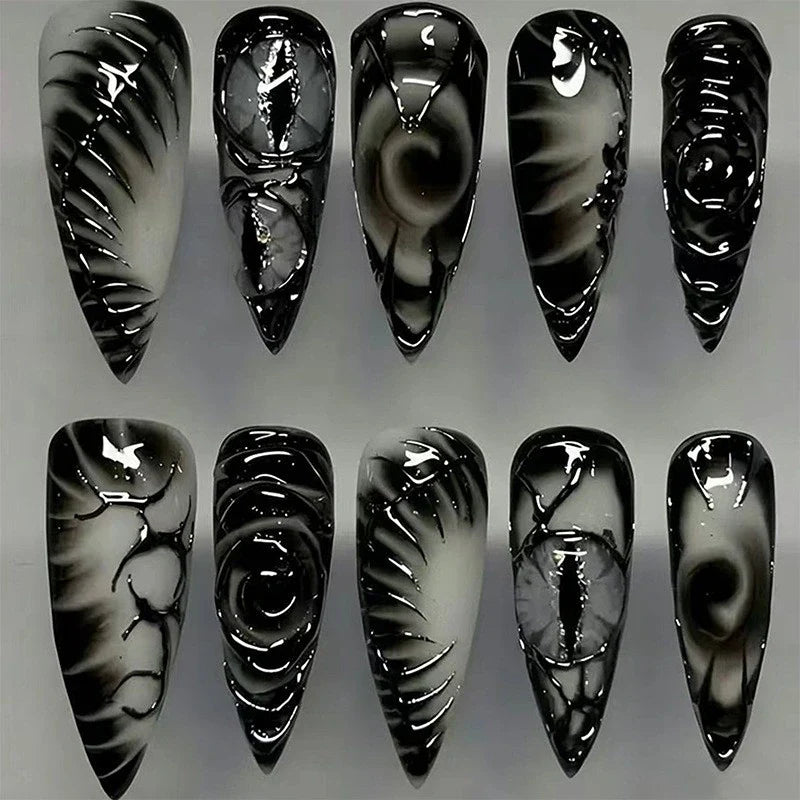 Statement Nail Art Press-On Nails, 40 Designs — Black Silver Gothic Swirl