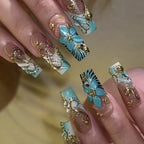 Statement Nail Art Press-On Nails, 40 Designs — Blue Hibiscus Gold Botanical