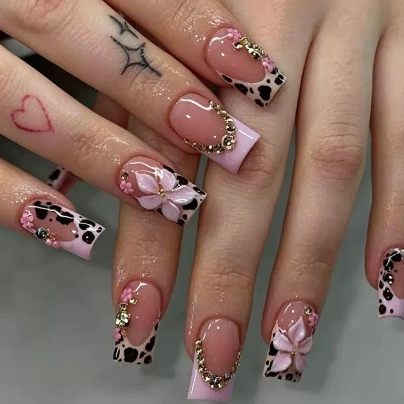 Statement Nail Art Press-On Nails, 40 Designs — Pink Blossom Cow Print