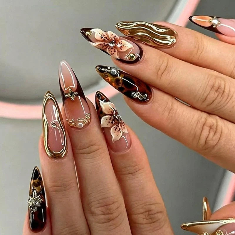 Statement Nail Art Press-On Nails, 40 Designs — Amber Tortoiseshell Gold Frame