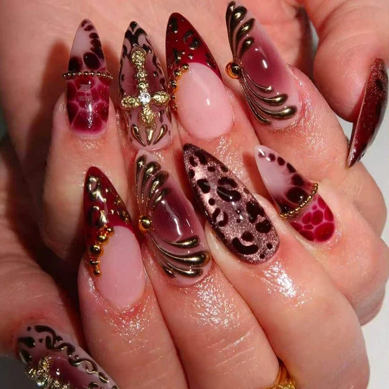 Statement Nail Art Press-On Nails, 40 Designs — Burgundy Leopard Gold Swirl