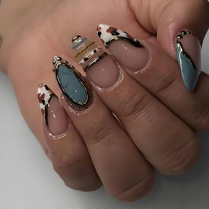 Statement Nail Art Press-On Nails, 40 Designs — Slate Blue Cow Print