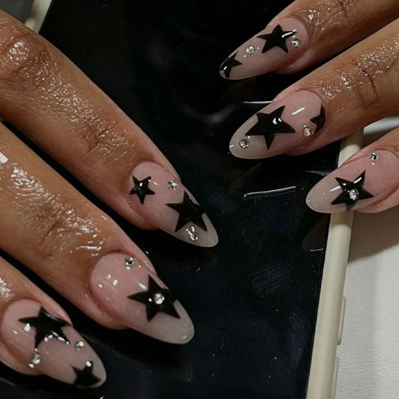 Statement Nail Art Press-On Nails, 40 Designs — Black Star Nude