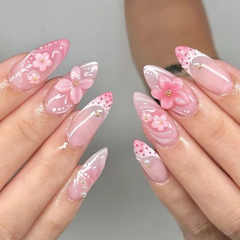 Statement Nail Art Press-On Nails, 40 Designs — Pink Floral Swirl