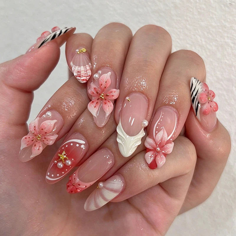 Statement Nail Art Press-On Nails, 40 Designs — Coral Blossom French