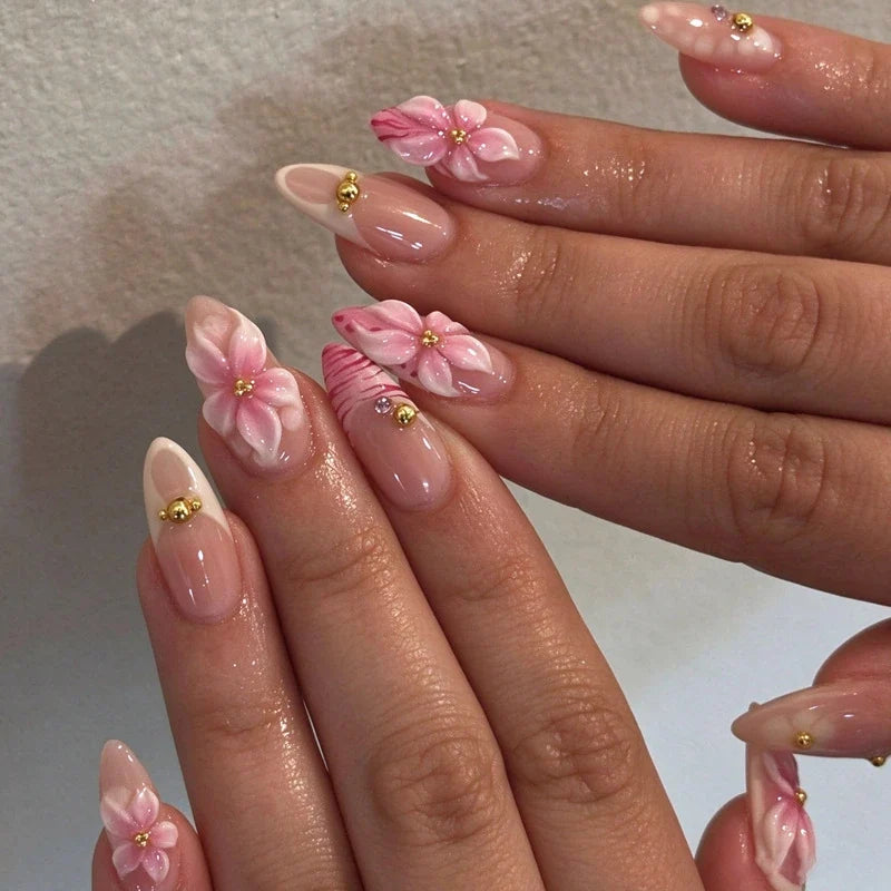 Statement Nail Art Press-On Nails, 40 Designs — Pink Hibiscus Pearl