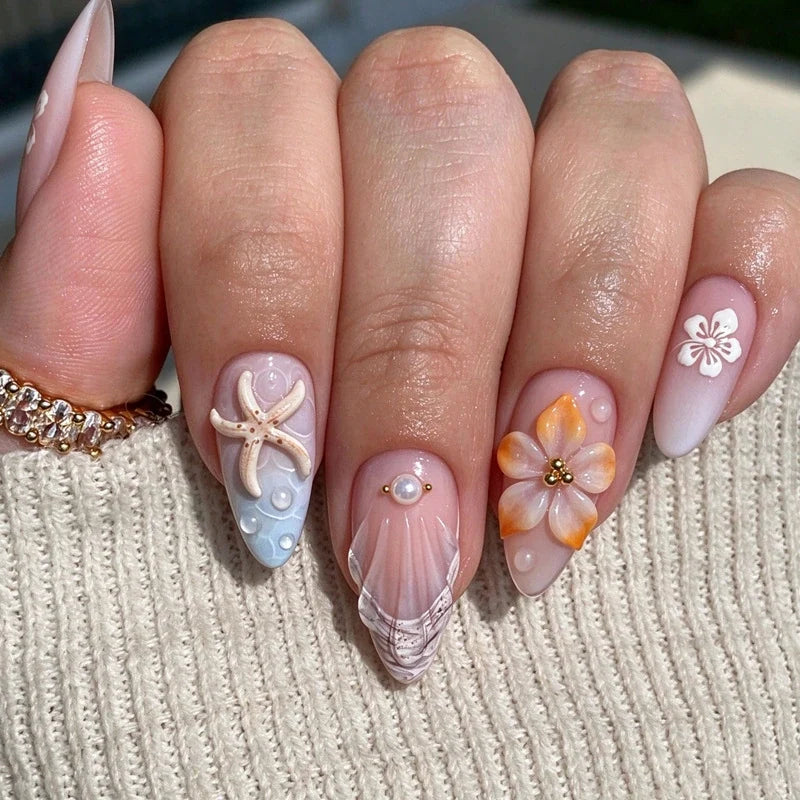 Statement Nail Art Press-On Nails, 40 Designs — Pastel Seashell Blossom
