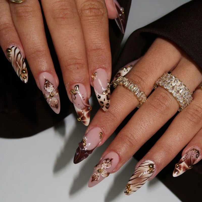 Statement Nail Art Press-On Nails, 40 Designs — Tortoiseshell Zebra Floral