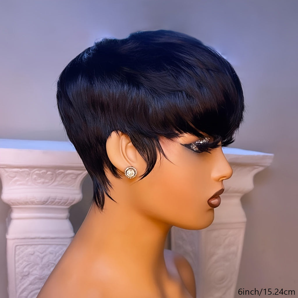Glueless Pixie Human Hair Wig with Bangs, 6 Inch