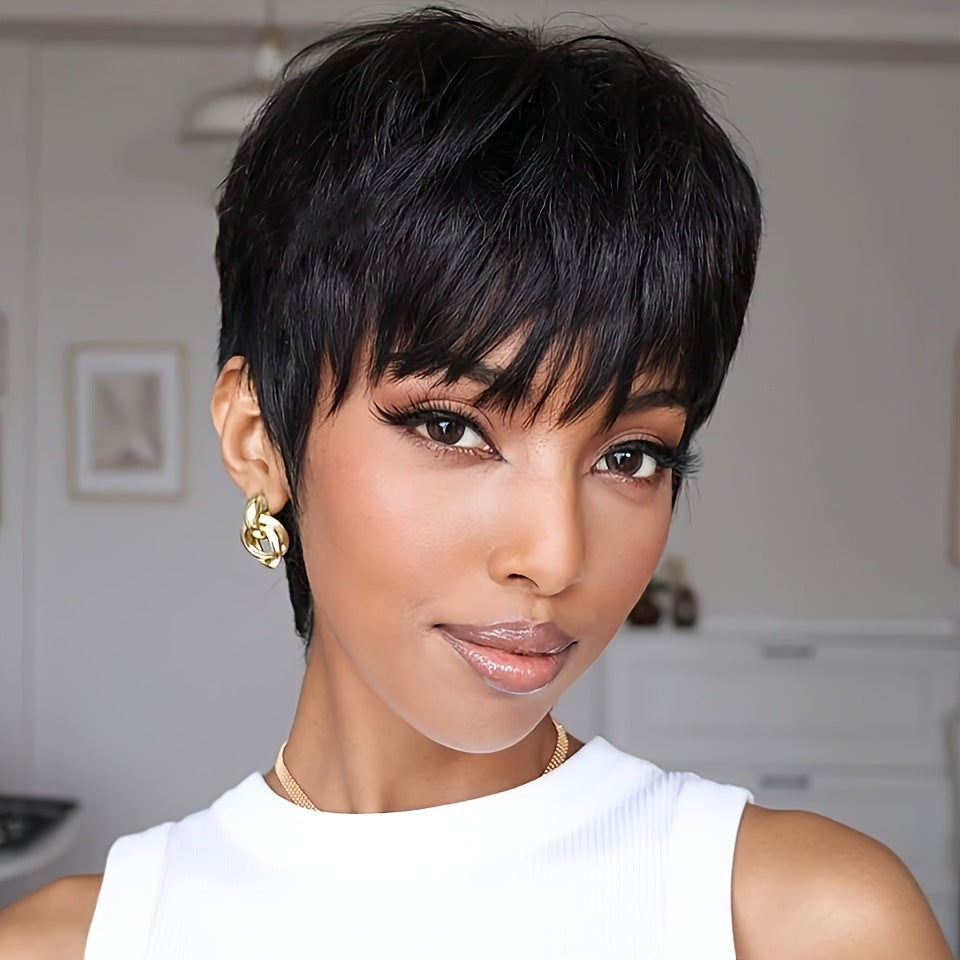 Glueless Pixie Human Hair Wig with Bangs, 6 Inch