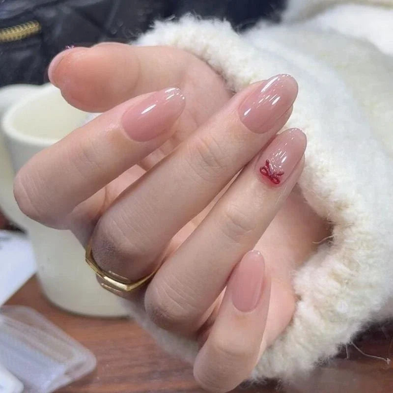 Everyday Nail Art Press-On Nails, 32 Designs — Blush Pink Red Bow