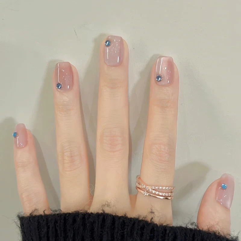 Everyday Nail Art Press-On Nails, 32 Designs — Sheer Nude Blue Gem