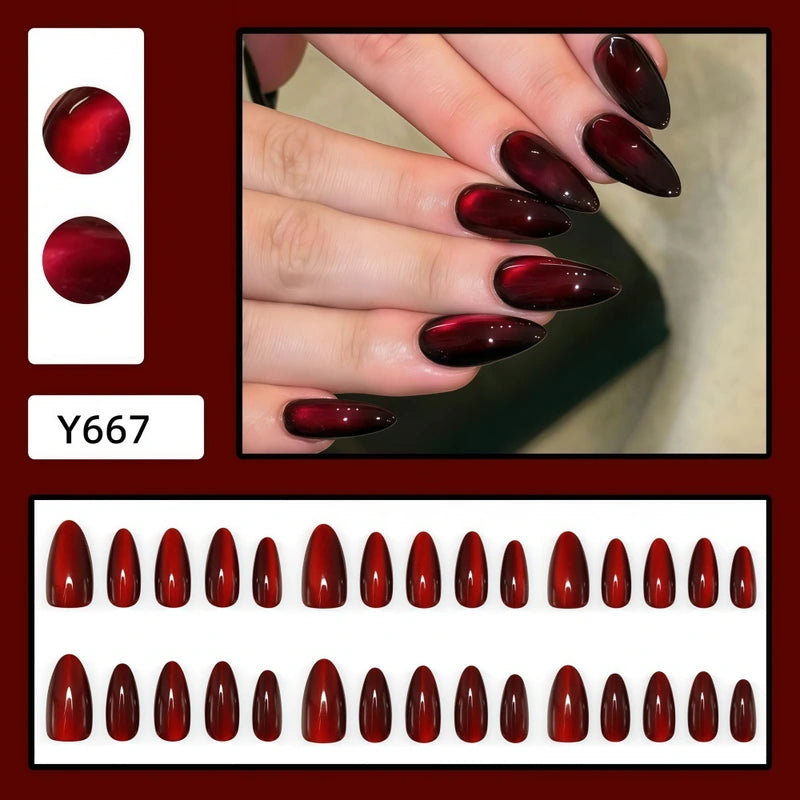 Deep Wine Red Cat Eye Press-On Nails
