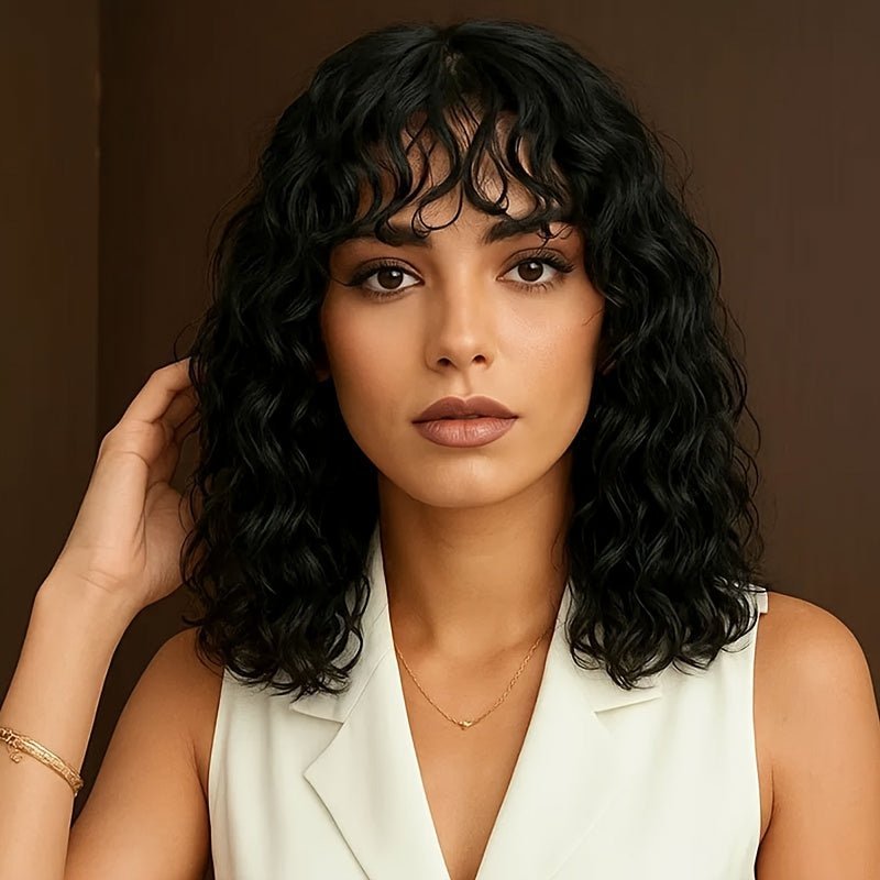 Glueless Water Wave Human Hair Wig with Bangs - WigWonders