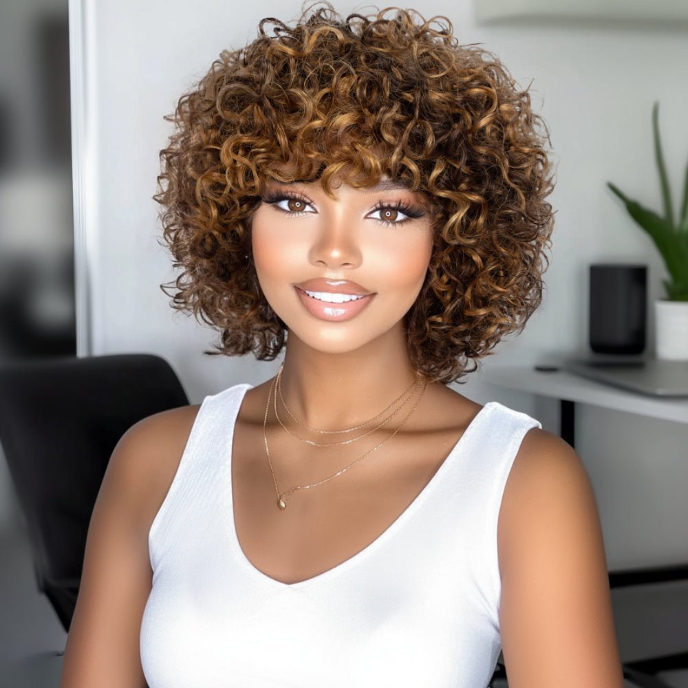 Highlighted Jerry Curly Bob Human Hair Wig - Glueless - WigWonders