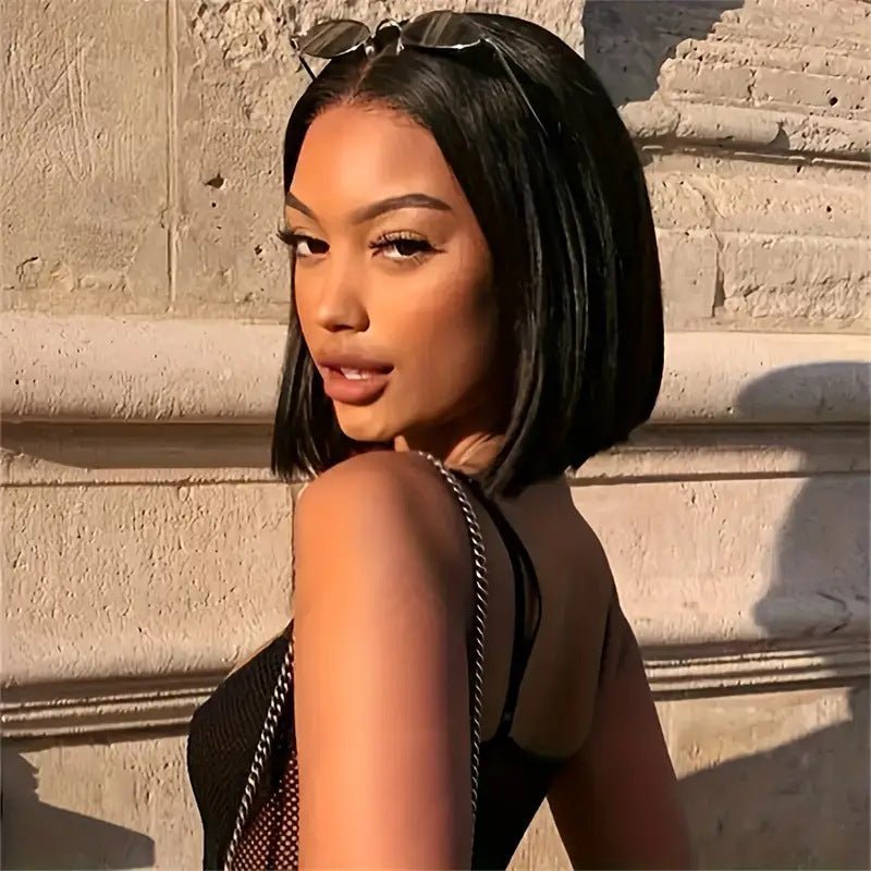 Human Hair Lace Front Bob Wig Straight Black 8"-14" - WigWonders